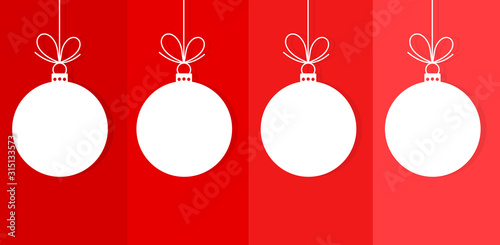 Christmas balls hanging ornaments on red background.