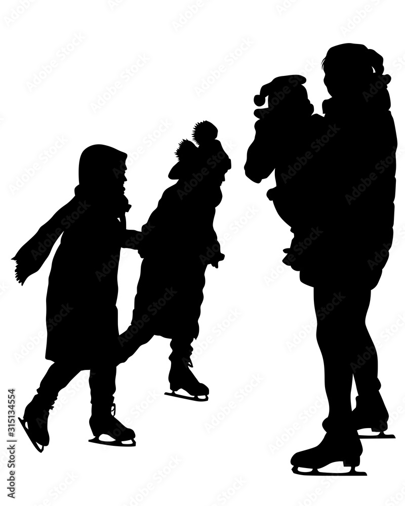 Family and child ice skate. Isolated silhouettes of people on a white background
