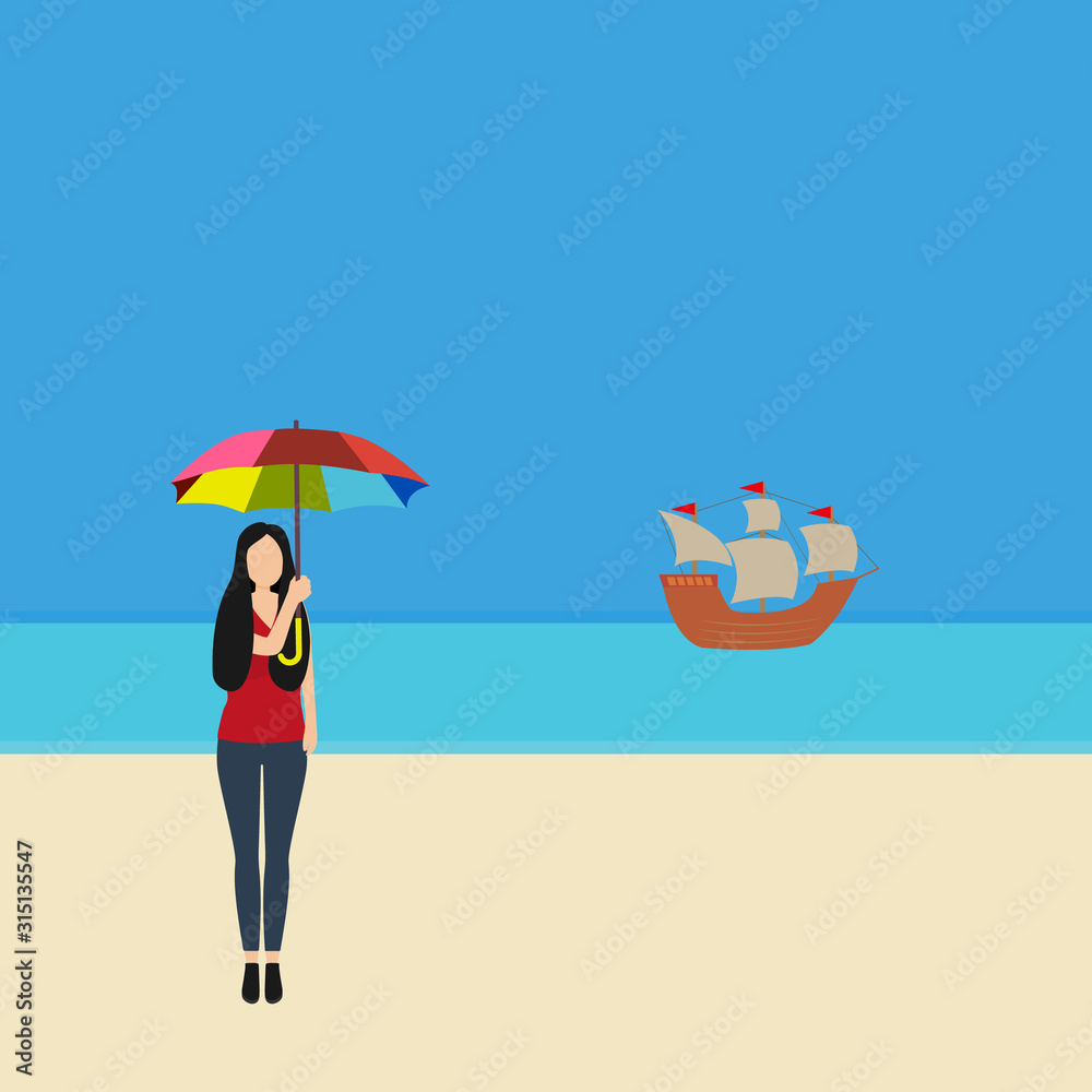 Woman with a parasol on the beach of the Cote d Azur. Cartoon flat vector illustration