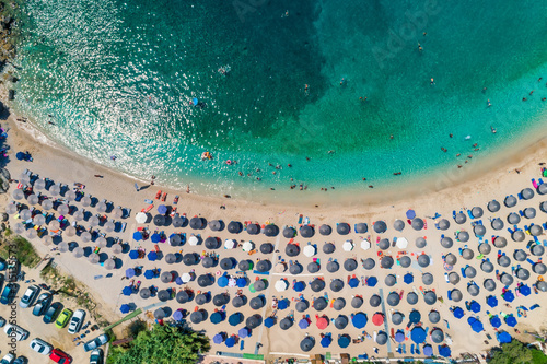 Aerial drone bird's eye view of Sarakiniko Beach with turquoise sea in Parga area, Ionian sea, Epirus, Greece