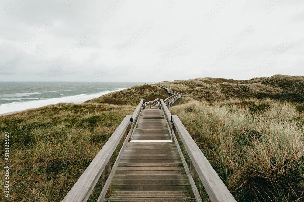 A wooden path through dune grass, Sylt, Germany