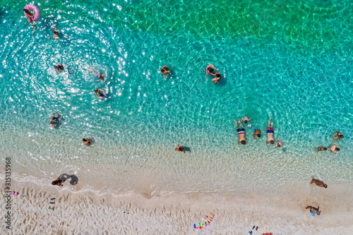 Aerial view of Sarakiniko Beach with turquoise sea in Parga area, Ionian sea, Epirus, Greece