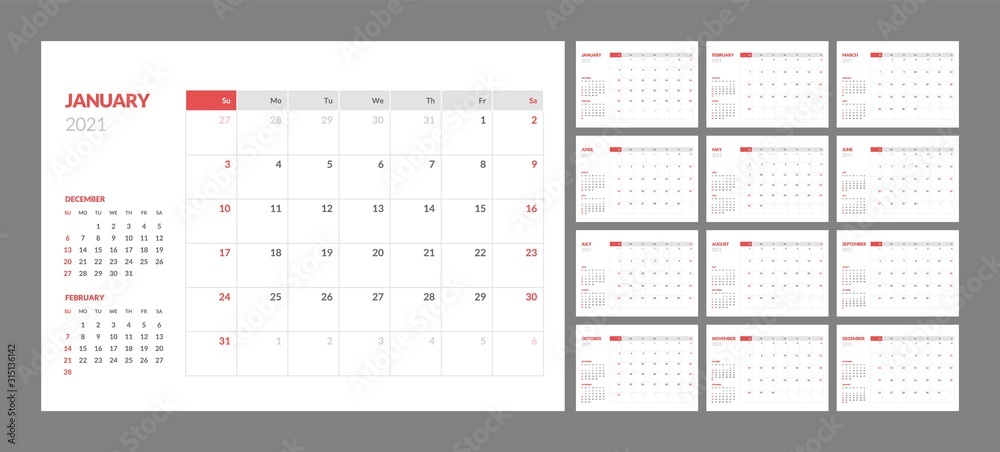 Wall calendar for 2021 year in clean minimal style. Corporate design planner template. Week Starts on Sunday. Set of 12 Months. Ready for print. Wall calendar for 2021 year in clean minimal style. Corporate design planner template. Week Starts on Sunday. Set of 12 Months. Ready for print.