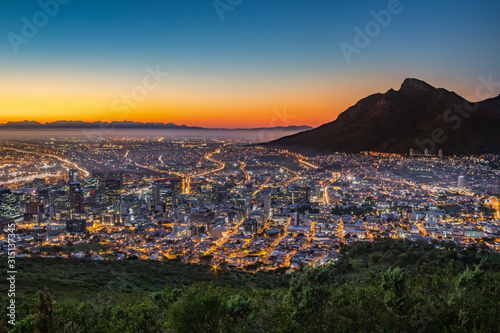 View of Table Mountain and Cape Town City at sunrise on a beautiful morning, Cape Town, South Africa