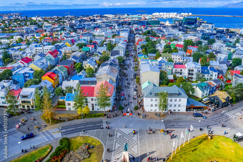 Leif Eriksson Statue Colorful Houses Streets Reykjavik Iceland photo