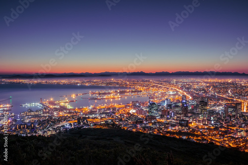 View of Table Mountain and Cape Town City at sunrise on a beautiful morning, Cape Town, South Africa