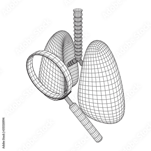Lungs with trachea bronchi internal organ human with magnifying glass. Pulmonology medicine science analysis concept. Wireframe low poly mesh vector illustration