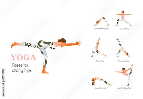 A set of yoga postures female figures for stronger hips. Woman figures exercise in printed sportswear. Vector Illustration, flat style.