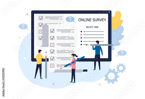 Tiny people with pencils fill out a survey online. The concept of online testing, questionnaires, answers to questions, choose the right options. Flat vector illustration isolated on white background.