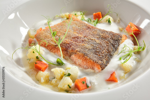 Trout Fillet in Cream Sauce with Vegetable Stew Isolated