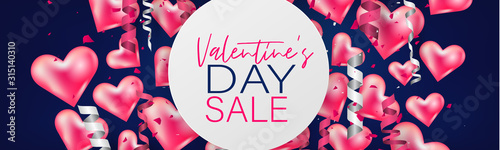 Valentines Day banner or website header background with 3d hearts and confetti. Love design concept. Romantic invitation or sale offer promo. Vector illustration.