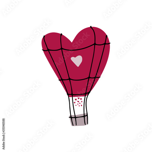 Red heart aerostat on white background. Valentines day greeting card. Vector illustration EPS 10.