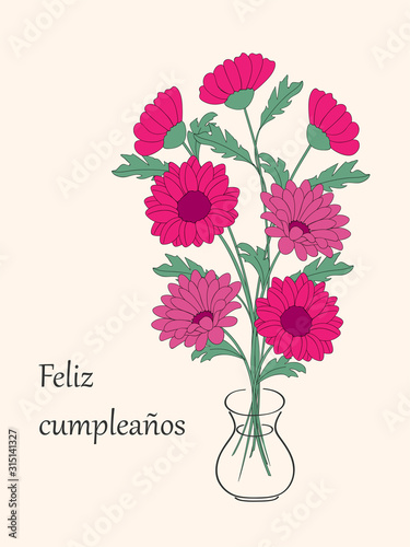 spanish birthday card with bouquet of dahlias in the vase