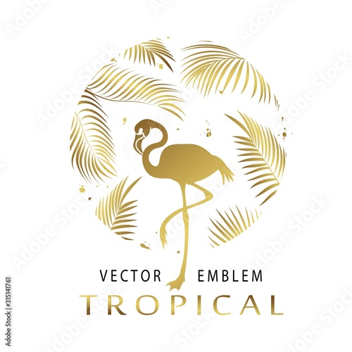 Tropical golden  triangular emblem. Exotic logo with flamingos and palm leaves. Abstract tropical sign design template. Isolation. Vector illustration