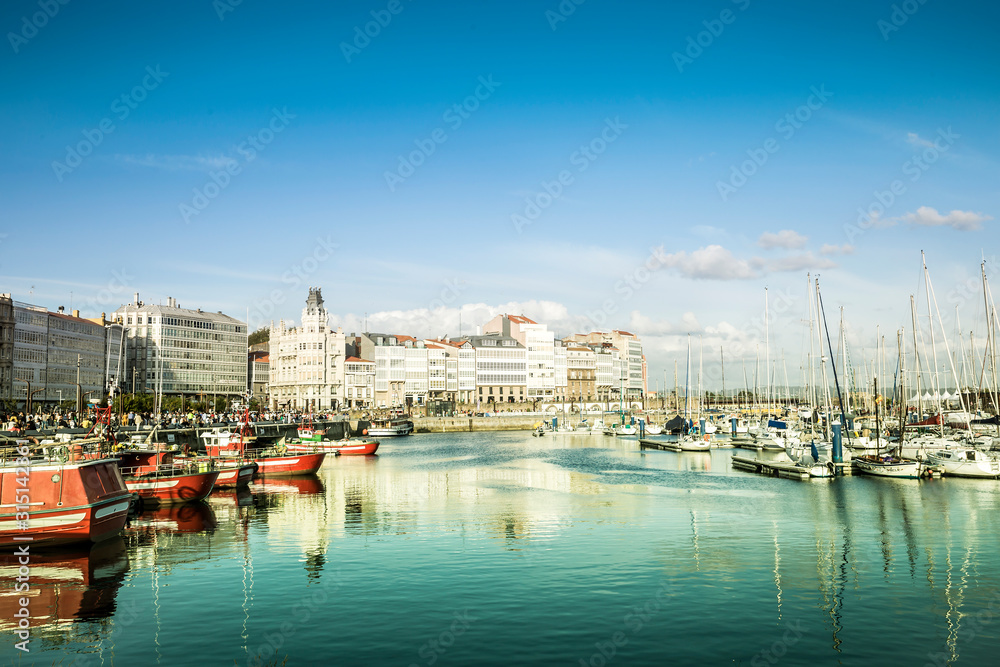 view of the marina and fishing port of the city of a coruña
