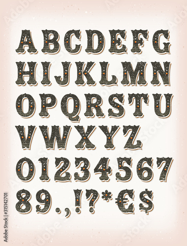 Vintage Western Circus And Tattoo ABC Font/ Illustration of a set of retro western design abc typefont, in regular, grunge and shadow version, also working for tattoo, on vintage and grunge background
