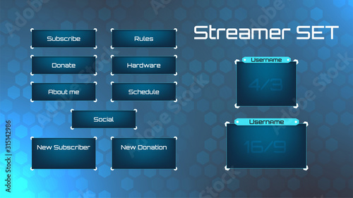 Streamer set. Kit of graphic elements for Online Game Translation. Buttons and webcam video frames. Panels for new donation and new subscriber. Blue  futuristic style. Stock vector illustration