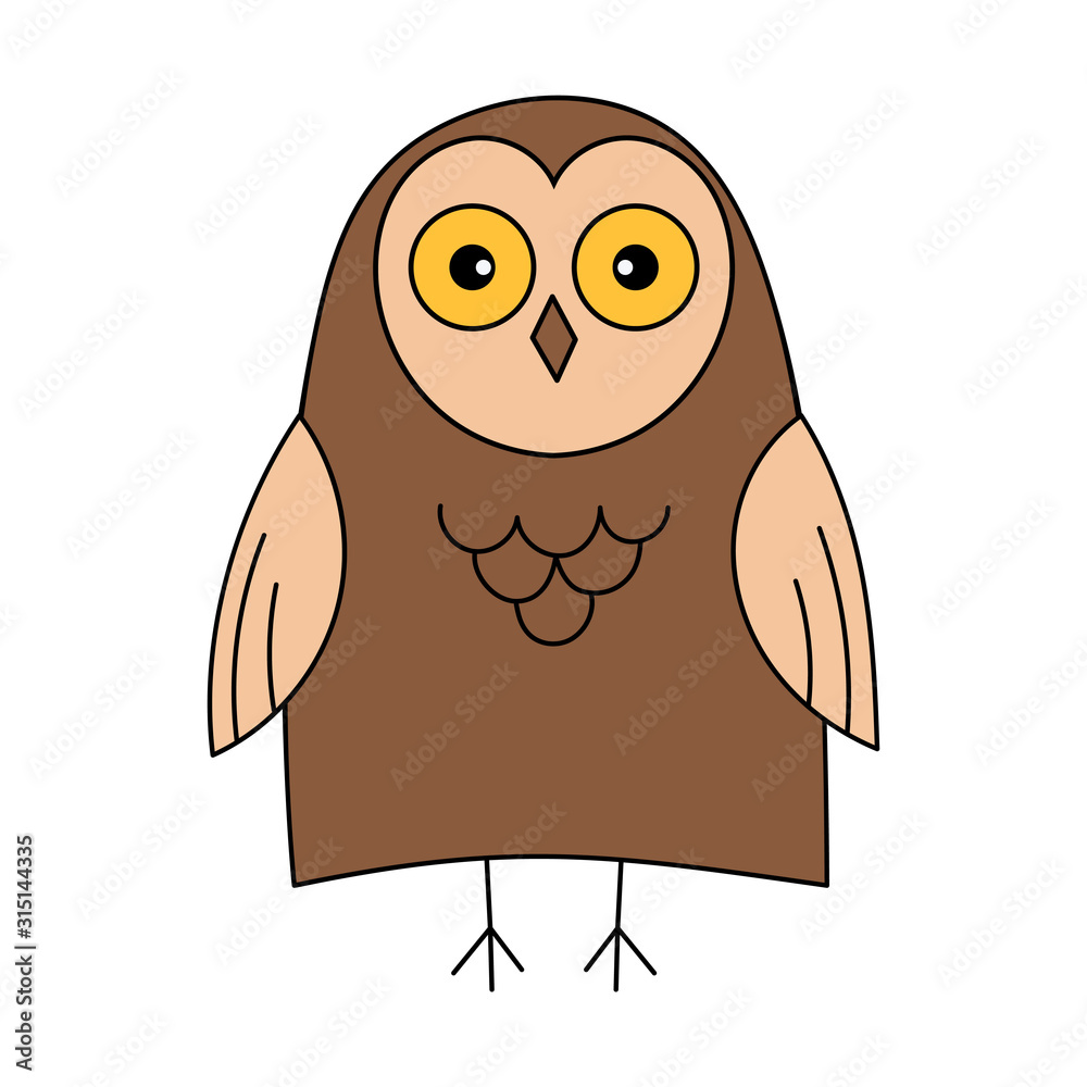 Fototapeta premium Cute owl. Color vector illustration. The object is isolated on a white background. Forest bird, predator stands and smiles.