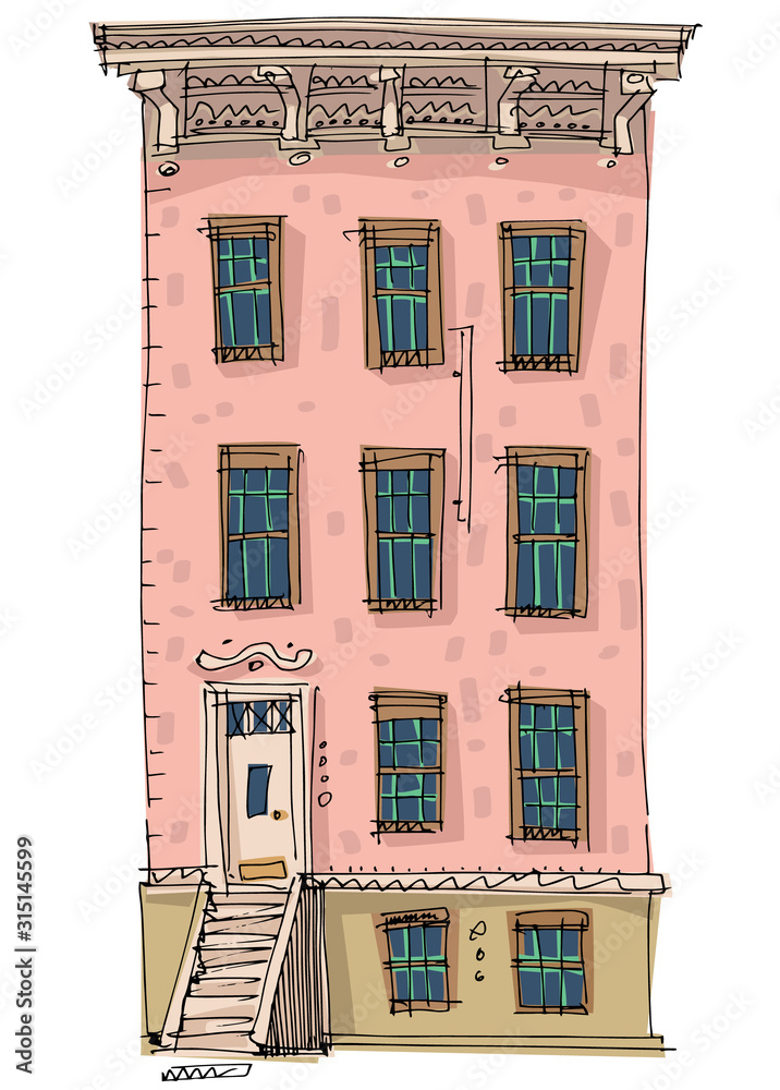A traditional american urban facade of residential house with fire ladders. Cartoon. Caricature. New York city old facade.