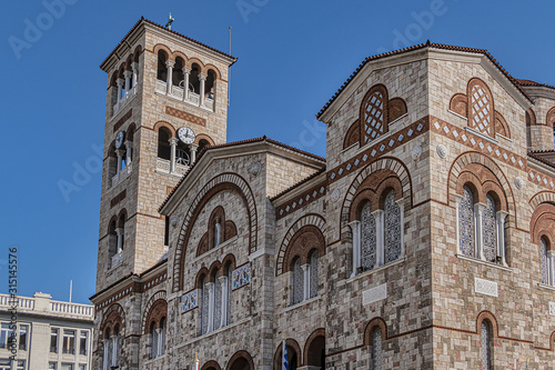 View of Neo-Byzantine Cathedral of Holy Trinity ("Agia Triada", from 1839). Church of the Holy Trinity is located in center of Piraeus, overlooking port. Piraeus, Attica, Greece, EU.