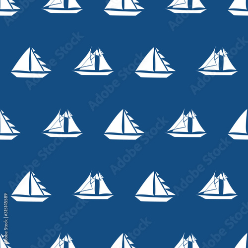 Fun hand drawn white sailing boats of different sizes in geometric design. Seamless vector pattern on navy blue background. Great for nautical themed products, sport, vacation, stationery, packaging
