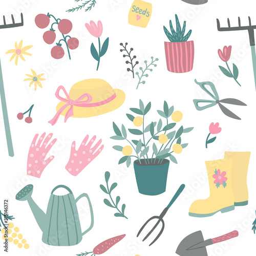 Cute gardening items and tools  vector seamless pattern.Perfect for printing fabric or paper