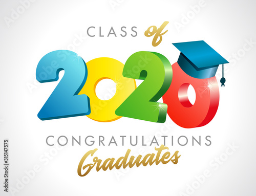Class of 2020 year graduation banner, awards concept. T-shirt idea, happy holiday invitation sign, bright 3D emblem. Isolated numbers, abstract graphic design template. Golden text, white background.