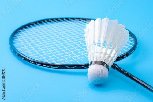 Competitive sports and high performance in tournament match conceptual idea with badminton rackets and shuttlecock (birdie) isolated on blue court background © Victor Moussa