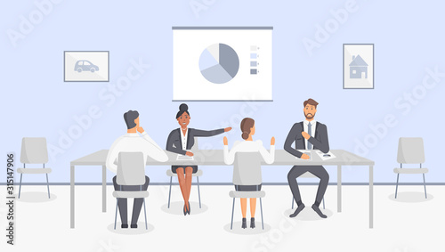 Bank office or insurance company: bank employees sitting behind table at the production business meeting. Working moments of debriefing, accusations and justifications of employees.Vector illustration