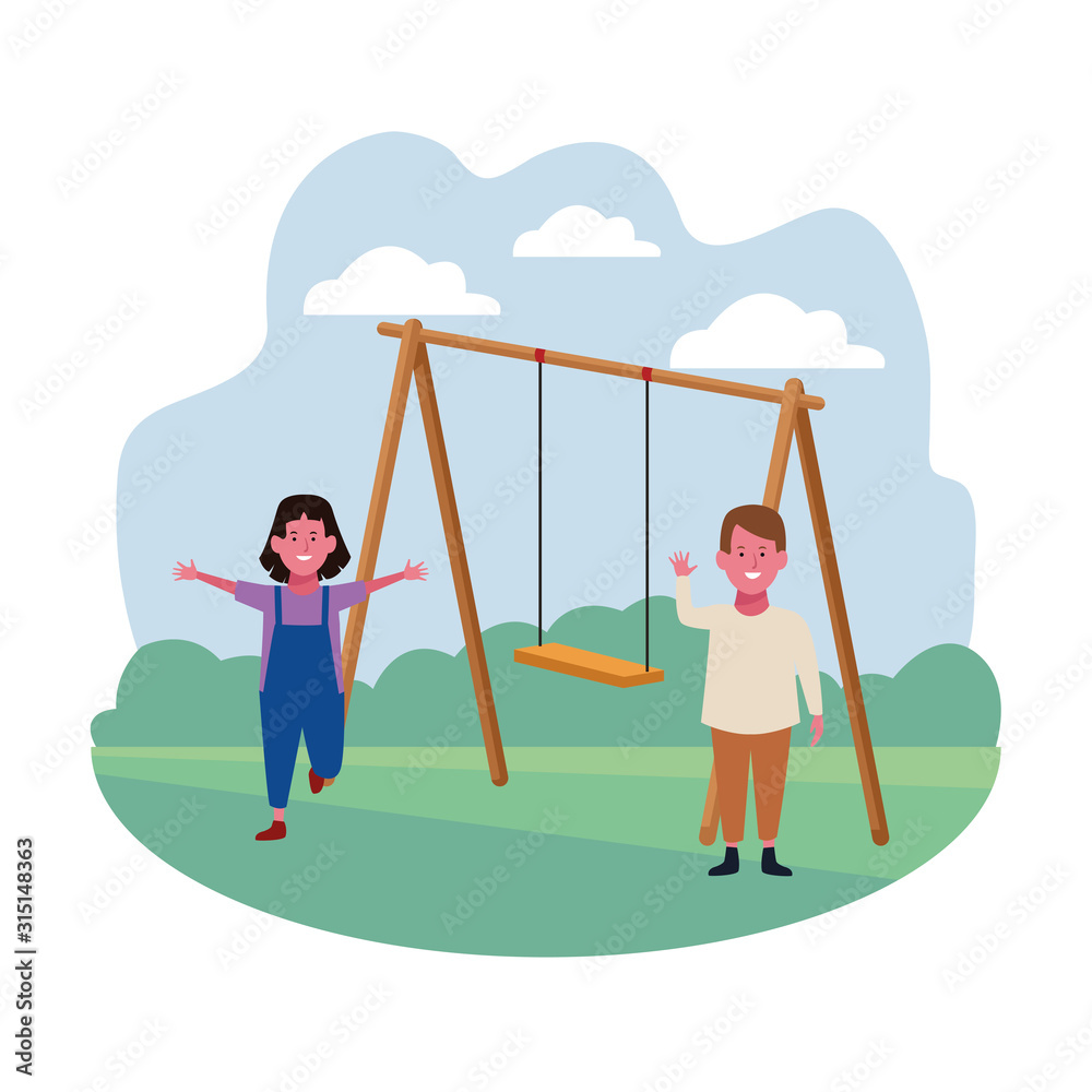 kids zone, smiling happy boy and girl with swing playground kids zone, smiling happy boy and girl with swing playground