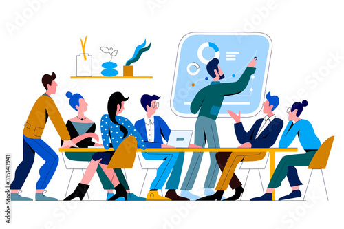Conference room flat vector illustration. Group meeting, team discussion. Office presentation. Corporate marketing strategy explaining. Colleagues cartoon characters on pale yellow background