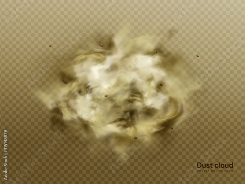 Desert sandstorm, brown dusty cloud or dry sand flying with gust of wind, big explosion realistic texture with small particles or grains vector illustration isolated on transparent background