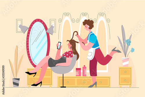 Hairdressing salon flat vector illustration. Beauty studio. Stylist doing haircut. Hair treatment appointment. Feminine luxury lifestyle. Female cartoon characters on peach background