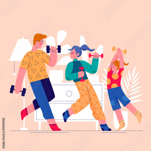 Sport family flat vector illustration. Fitness at home. Siblings doing aerobics. Parents and kid exercising with dumbbells. Physical healthcare. Relatives cartoon characters on pink background
