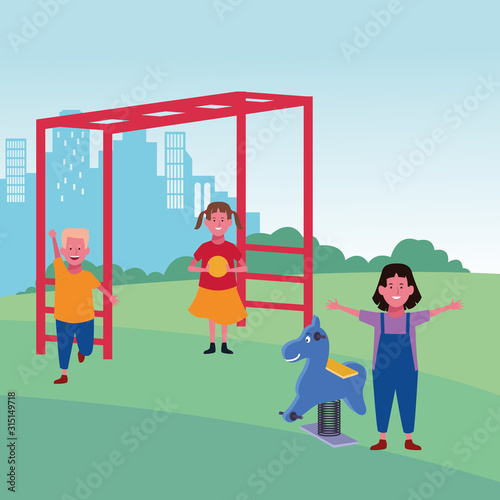 kids zone, girl with ball and boy monkey bars and spring horse playground