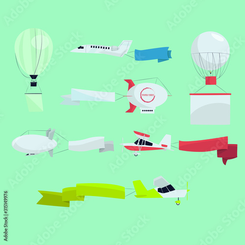 zeppelins airplanes with blank banner illustration. flat design illustration