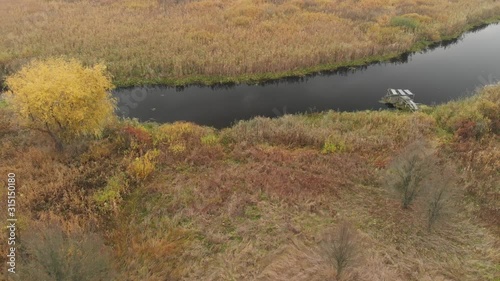 Autumn Landscape With Outskirts Of the Village., Dry Grass, Aerial Shot Of Swamp.Morning Fog