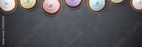 Colorful cupcakes on blackboard banner background vector