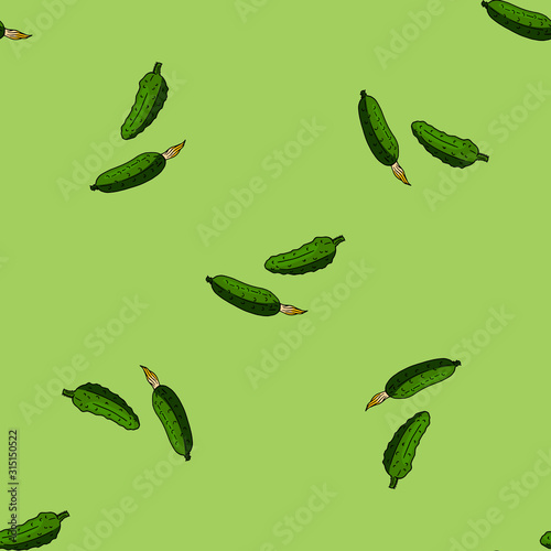 Seamless background with colored cucumbers on green background. Endless pattern for your design. Vector.