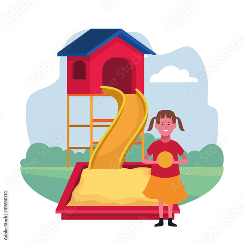kids zone, happy girl with ball slide sandbox playground