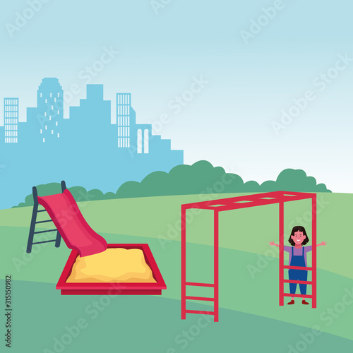 kids zone, happy girl with slide sandbox and monkey bars playground