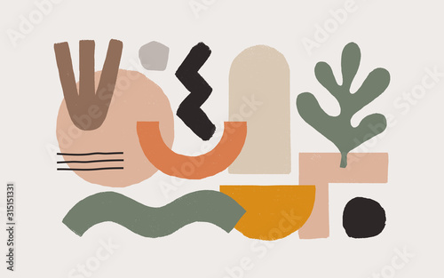 Collection of fashionable abstract graphic shapes on a light background. Minimalist forms in the style of modern art. Universal vector illustration for your design in a flat style.