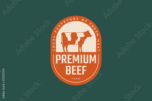Emblem with a spotty cow silhouette. Logo template for meat shops, markets, farm products. The concept of fresh meat products. Vector illustration on a green background.