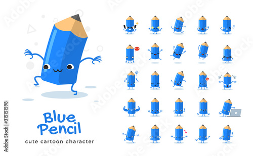 Vector set of cartoon images of Blue pencil. Vector Illustration.