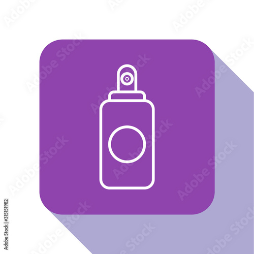 White line Spray can for air freshener, hairspray, deodorant, antiperspirant icon isolated on white background. Purple square button. Vector Illustration