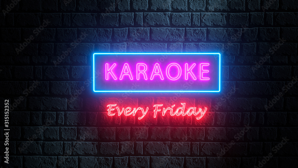Εκτύπωση καμβά 3d neon street banner, signboard, billboard Karaoke Every Friday on brick wall