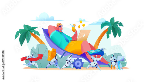 Joyful businessman lies on beach with laptop. team