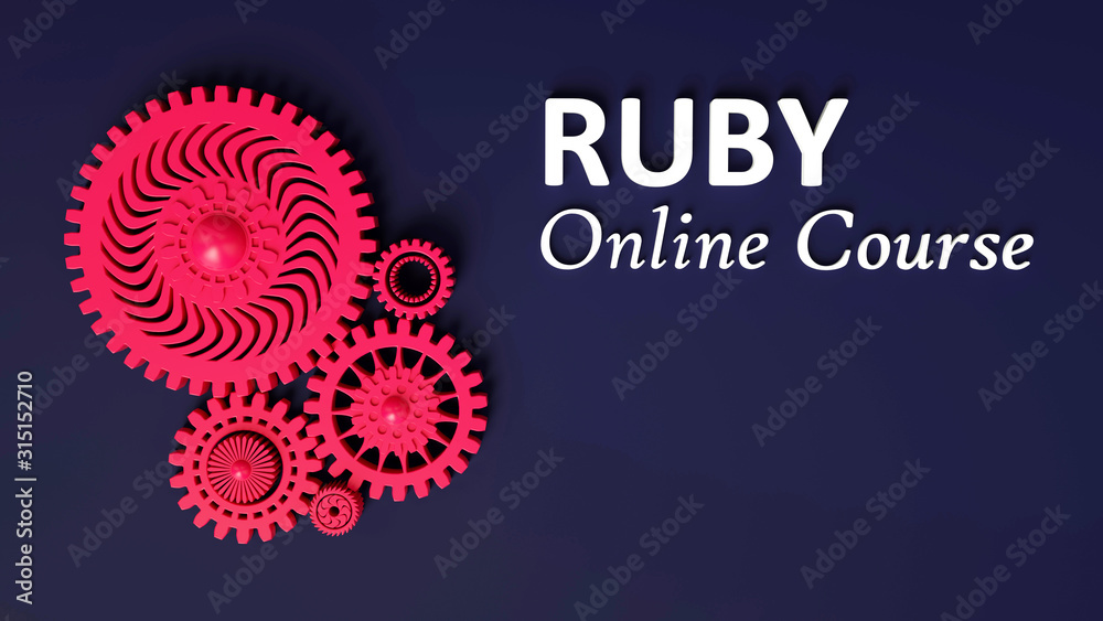 3D illustration of advertisement of Ruby online course with composition of red pink coral gears symbolizing cooperation and teamwork. Copy space. E-learning. 3D illustration of advertisement of Ruby online course with composition of red pink coral gears symbolizing cooperation and teamwork. Copy space. E-learning.