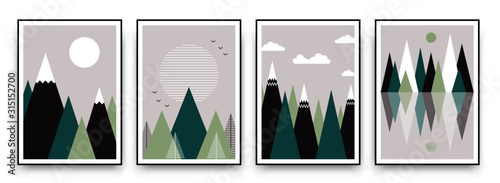 Abstract mountain landscape geometric template. Vector mountainscape pattern art poster set, graphic design illustration in Japanese style