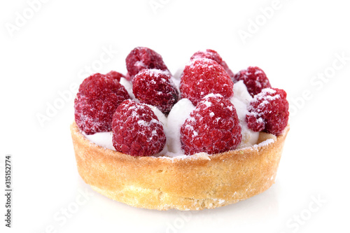 Fresh fruit raspberry tart on a white background. Homemade raspberry pie on a white isolated background  close-up